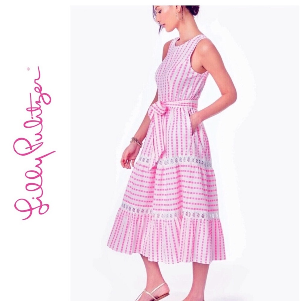 LILLY PULITZER NEW MAYBELLA NEON PINK AND WHITE TIERED MIDI DRESS SIZE 8